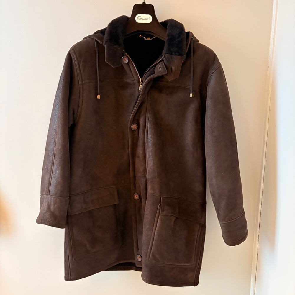 Gallotti Italian Shearling Hooded Coat Brown Leather Sheepskin Men’s 40